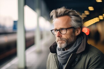 Portrait of senior man with grey hair wearing eyeglasses at train station