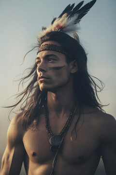Handsome Young Native American Warrior Man - Sunset - Feather Warbonnet - Cherokee