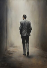 Mysterious 1900s man walking away - Watercolor - Oil Painting - With his hands in his pockets 