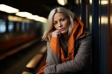 Portrait of a beautiful woman in a train station looking at the camera