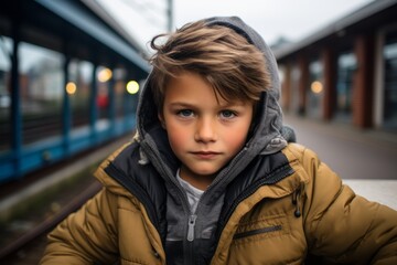 Portrait of a boy on the platform of a railway station.