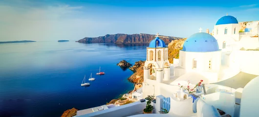 Poster white church belfry and volcano caldera with sea landscape, beautiful details of Santorini island, Greece, web banner © neirfy