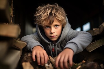 Portrait of a cute little boy with blond curly hair in a gray hoodie