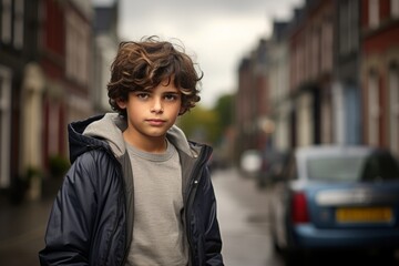 Portrait of a young boy in the street of the city.