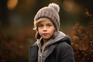 Autumn portrait of a cute little girl in a warm hat and coat.