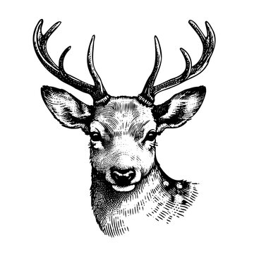 Portrait realistic engraving of deer isolated black and white vector background. Emblem portrait realistic deer vector illustration isolated. Wild animal