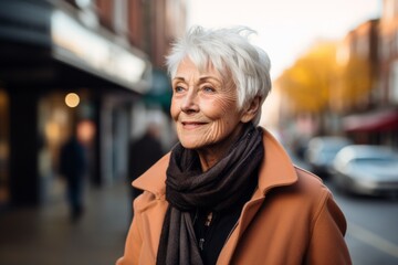 Portrait of smiling senior woman in coat and scarf on city street
