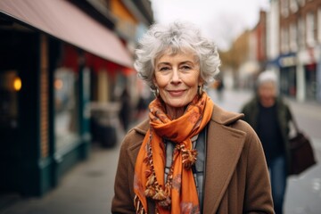 Portrait of a senior woman walking in the city. She is wearing a coat and scarf.