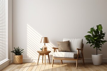 Interior of living room with brown armchair and plant
