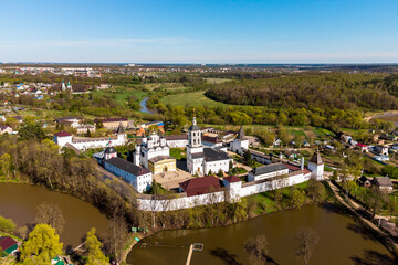 A picturesque aerial view of the ancient Orthodox Paphnutius-Borovsky monastery. Borovsk, Russia