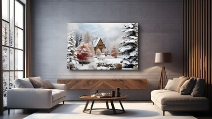 Modern minimal 3D interior design next to a large window. White comfortable sofa and a picture of winter.