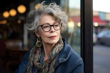 Portrait of a beautiful senior woman with glasses in a cafe.