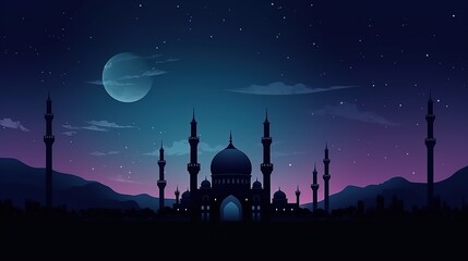 Mosque dome and crescent moon in the background, symbol of Islamic religion and empty space for text. Generative AI - obrazy, fototapety, plakaty