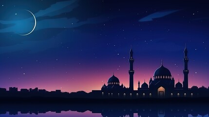 Naklejka premium Mosque dome and crescent moon in the background, symbol of Islamic religion and empty space for text. Generative AI