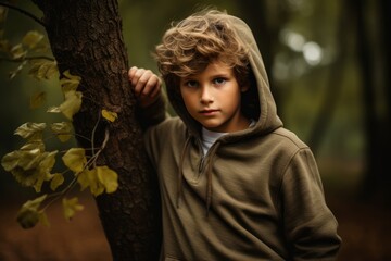 Portrait of a cute little boy in autumn forest. Kids fashion.