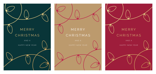 Merry Christmas and Happy New Year Set of greeting cards, holiday cover, invitation template. Modern Christmas lights background design with gold text. Vector template set for Christmas cards. - 675837113
