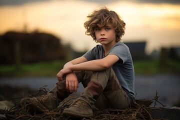 3D rendering of a little boy sitting on a pile of soil