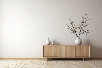 Interior of modern living room with wooden chest of drawers - rendering