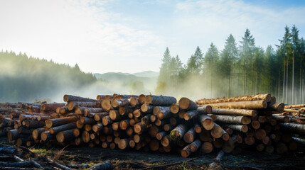 tree trunk logs with timber stack. woodpile and deforestation - obrazy, fototapety, plakaty