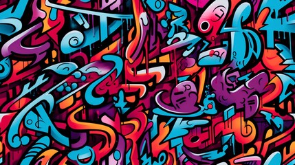 A vibrant and visually striking seamless pattern of layered graffiti art on a concrete wall, showcasing a myriad of colors, shapes, and styles that embody urban street culture.
