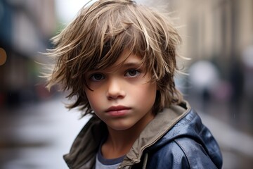 Portrait of a cute little boy on the street in the rain