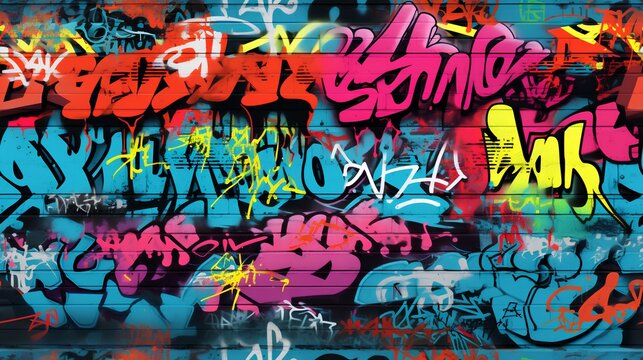 A vibrant and visually striking seamless pattern of layered graffiti art on a concrete wall, showcasing a myriad of colors, shapes, and styles that embody urban street culture.