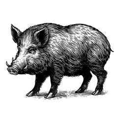 Wild boar, hand drawn sketch on isolated background. Vintage engraving. Vector drawing of a wild boar in full growth - obrazy, fototapety, plakaty