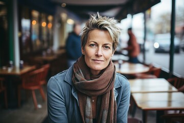 Portrait of smiling middle-aged woman standing in cafe and looking at camera