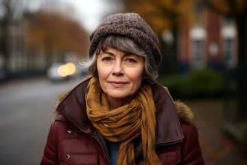 Portrait of a senior woman in a hat and scarf on the street