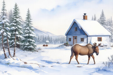 Winter landscape with elk, house and snow, winter card. Generative AI