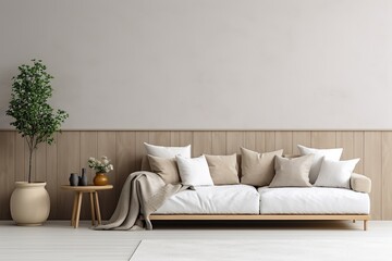 Interior of modern living room with sofa, 3d render illustration mock-up