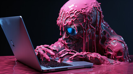 Golden hacker in a dark room, with laptop and table melting in front of the pc screen