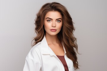 Portrait of pretty doctor woman on plain background