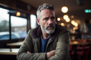 Portrait of a handsome senior man with grey beard and mustache in a pub.
