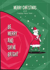 Merry Christmas and happy New Year greeting card. 60s-70s retro style poster with Christmas wishes text. Santa Claus character with large gift bag vector illustration.