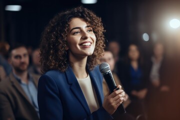 Business woman talking before audience. AI Generated
