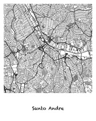 Poster design of a map of the city of Santo Andre in Brazil. 4:5 aspect ratio with a white border and the name of the city of Santo Andre written in black charcoal style text below.