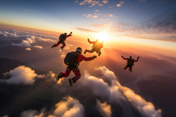 Fototapeta na wymiar Thrill-Seekers Above the Clouds: Skydiving at Dusk