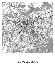 Poster design of a map of the city of Sao Paolo Metro in Brazil. 4:5 aspect ratio with a white border and the name of the city of Sao Paolo Metro written in black charcoal style text below.