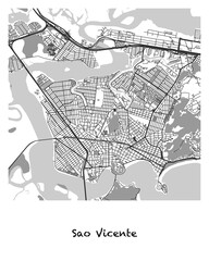 Poster design of a map of the city of Sao Vicente in Brazil. 4:5 aspect ratio with a white border and the name of the city of Sao Vicente written in black charcoal style text below.