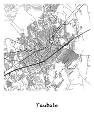 Poster design of a map of the city of Taubate in Brazil. 4:5 aspect ratio with a white border and the name of the city of Taubate written in black charcoal style text below.