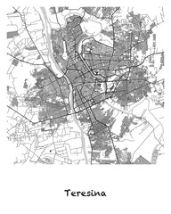 Poster design of a map of the city of Teresina in Brazil. 4:5 aspect ratio with a white border and the name of the city of Teresina written in black charcoal style text below.