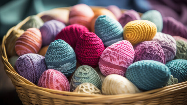 A basket full of colorful knitted eggs, AI