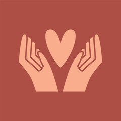 Minimalist hands holding heart. Humanism, care, support, charity conception. Bohemian print with human hands, heart shape. For witchcraft esoteric sticker, banner, card, logo.	