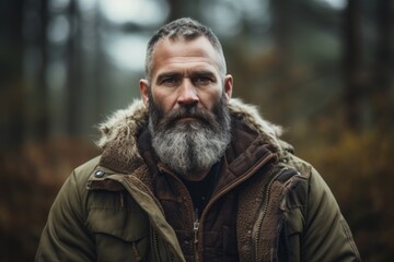Portrait of a bearded man in the forest. Men's beauty, fashion.