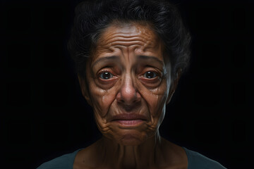 Sad crying senior Latin American woman portrait on black background. Neural network generated photorealistic image. Not based on any actual person or scene. - obrazy, fototapety, plakaty