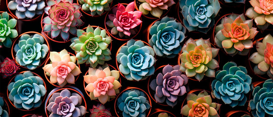 close-up of a diversity of colourful succulent plants, an elegant cactus plant texture background. generative ai backdrop 