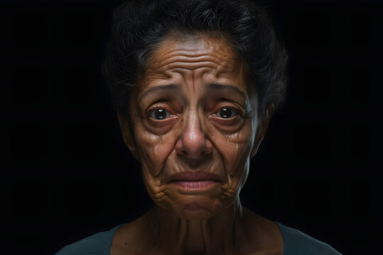 Sad crying senior Latin American woman portrait on black background. Neural network generated photorealistic image. Not based on any actual person or scene.