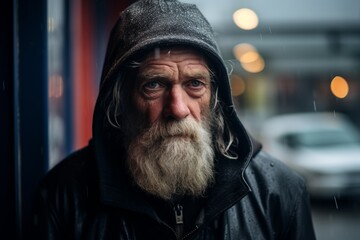 Portrait of an old man with a long gray beard and mustache in a black jacket with a hood on the street