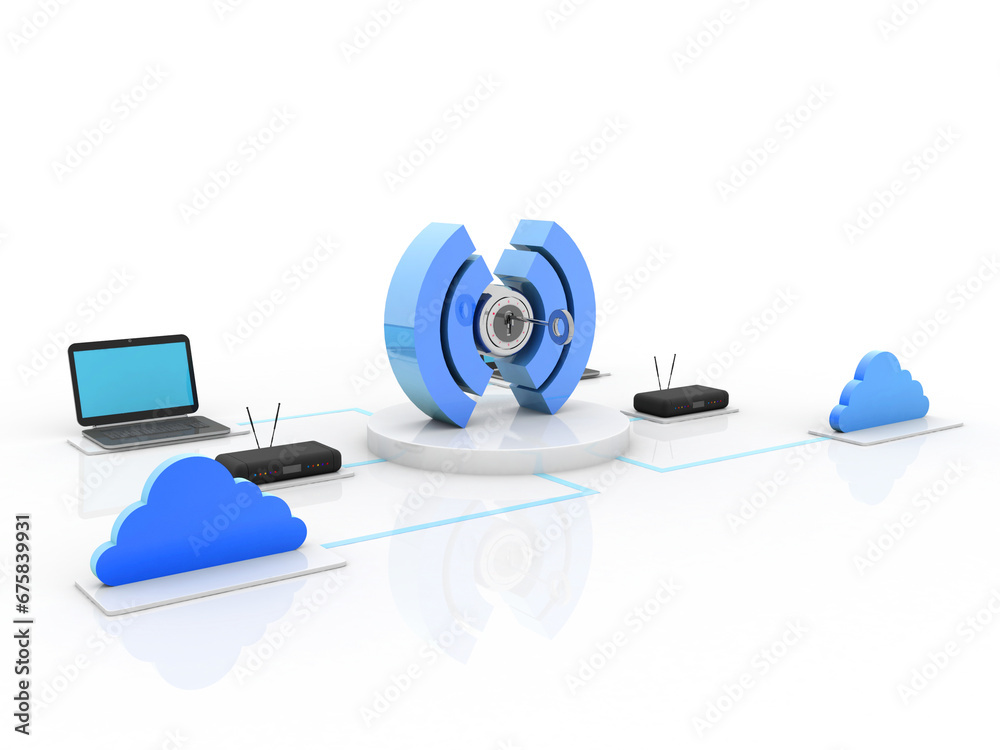 Poster 3d rendering technology computer modem network with wifi